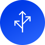 Arrow splitting into three ways icon in blue circle