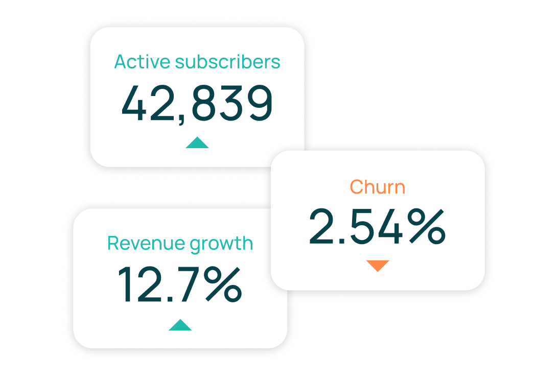 Illustrated image showing key subscription business metrics - active subscribers, Churn rate percentage, and revenue growth