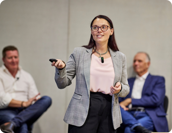 Isabella Harrington giving a presentation at a Prvidr Town Hall event