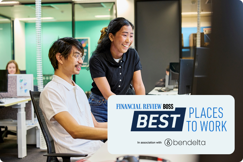 Prvidr staff working together in the office with the "Australian Financial Review Boss Best Places to work" logo.